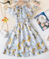 فستان بناتي بطباعة فراشة وأكتاف مكشوفة مكشكشة