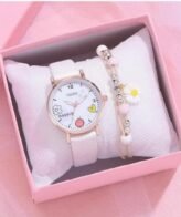 Gaiety-ساعة يد انيقة مع سوار من الجلد ، لون ابيض للنساء والأطفال، مع الكرتون