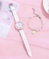 ساعة يد كوارتز بسوار من الجلد، بدون كرتون لون ابيض