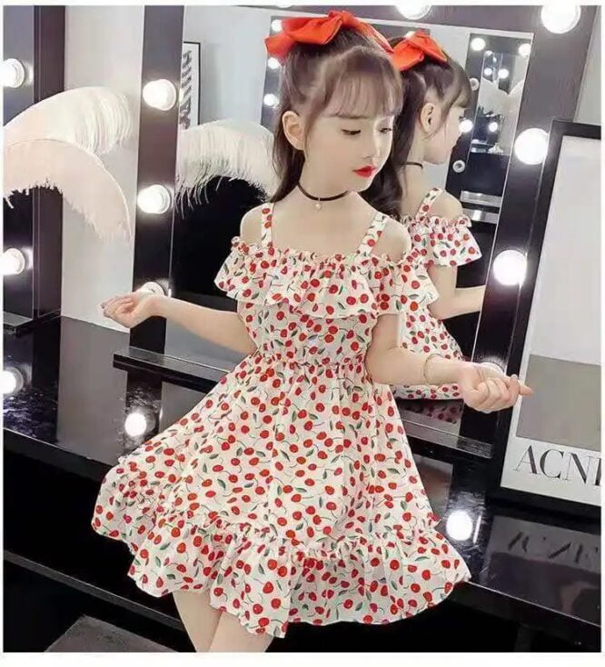 ⁦فستان بناتي لطيف بدون أكمام مطبوع عليه الكرز⁩ - الصورة ⁦6⁩