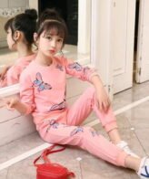 طقم بناتي مكون من قطعتين بلوفر بأكمام طويلة وسروال نمط فراشة