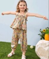 طقم بناتي أنيق 2 قطع بلوزة & سروال ضيق من الاسفل بنمط الزهور