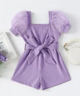 رومبير أنيق باكمام قصيرة منفوخة شبكية وحزام للفتيات الصغيرات