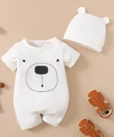 رومبير قطني انيق بأكمام قصيرة مع قبعة نمط الدب، للأطفال حديثي الولادة