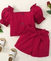 طقم بناتي 3 قطع بلوزه وتنورة وربطة خصر شكل أنيق ومميز