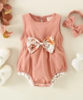 بوديسوت مثلث مزين بفيونكة بدون أكمام مع ربطة شعر صيفي للبنات الرضع