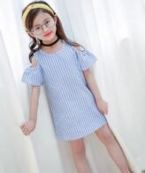 فستان بناتي أنيق بأكمام قصيرة نمط مخطط للفتيات الصغيرات