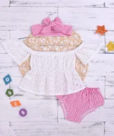 طقم بناتي راقي مكون من ثلاث قطع بلوزة بأكمام قصيرة وشورت مثلث وربطة رأس للاطفال حديثي الولادة