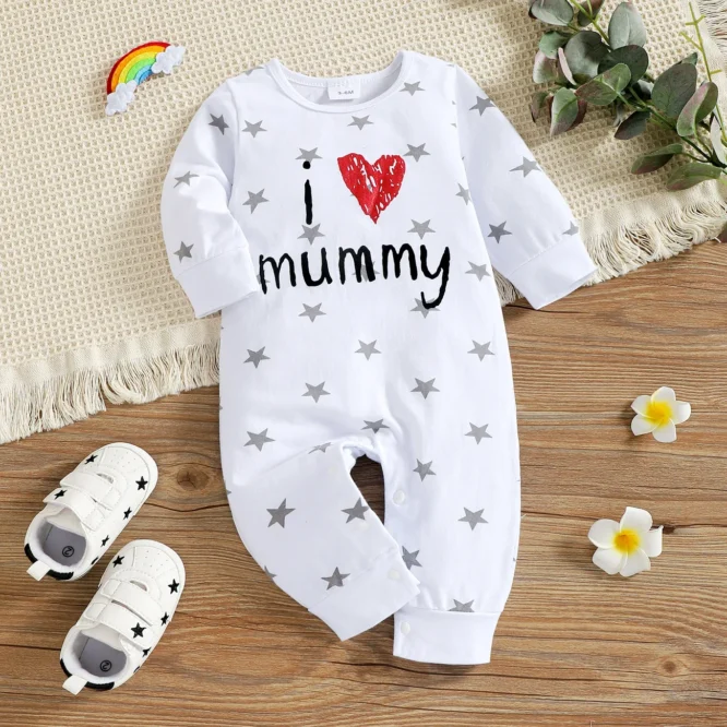 رومبير من القطن للفتيات بشكل نجوم وكتابة i love mummy