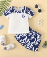 طقم تي شيرت مطبوع كتابة BOSS +  شورت قصير