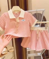 طقم بناتي فخم من بلوزة بأكمام قصيرة وتنورة