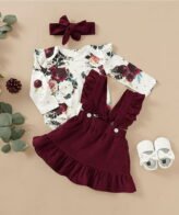 طقم لطيف مكون من رومبير مضلع بأكمام طويلة نمط ورورد وتنورة على شيال رائع وربطة رأس للفتيات الرضع