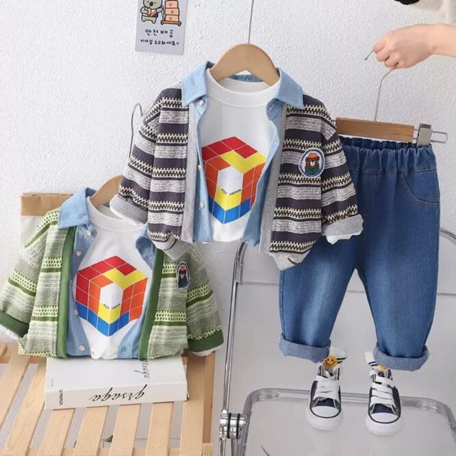 طقم أنيق يتكون من 3 قطع، جاكيت بأكمام طويلة بتصميم شميز وفنيلا وبنطلون جينز
