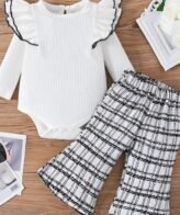 طقم بناتي أنيق مكون من قطعتين بوديسوت مكشكش وبنطلون