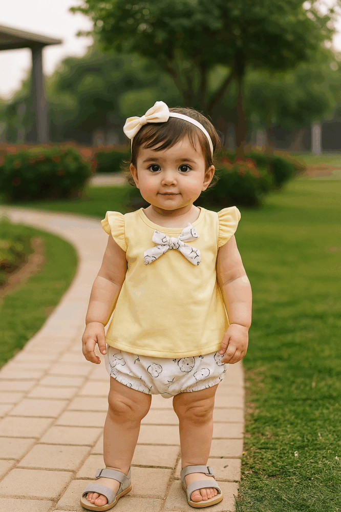 طقم بناتي صيفي مكون من قطعتين تي شيرت على شكل فستان مزينة بفيونكة و شورت بتصميم جذاب